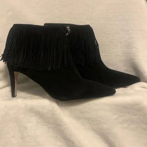 Sam Edelman Kandice Black Suede Pointed Toe Fringed Ankle Booties Boots Size 9. - Picture 1 of 6